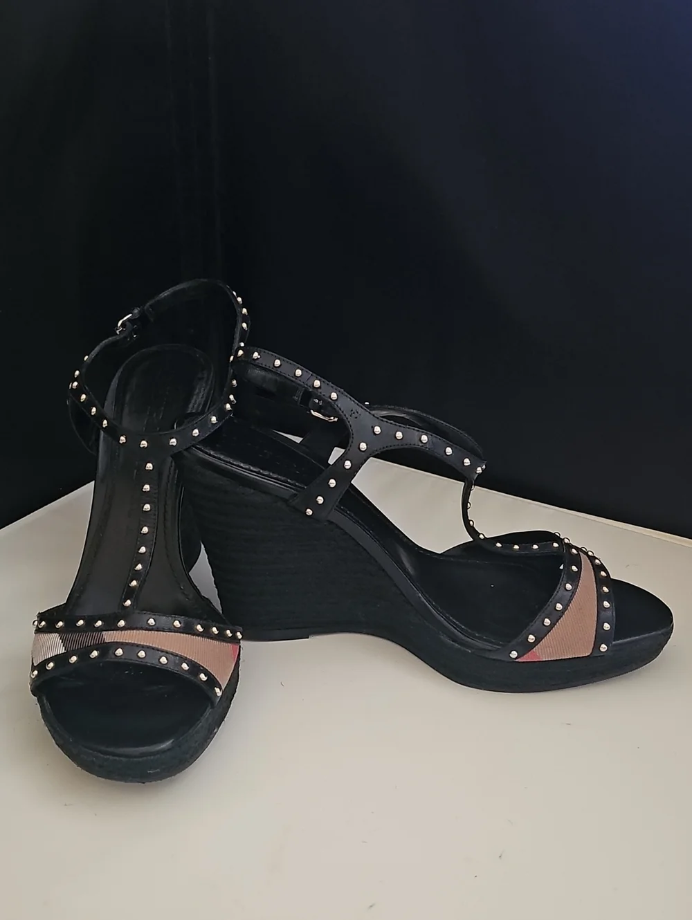 Burberry Check Studded Espadrille Wedge Sandals Black EU 39.5 Leather